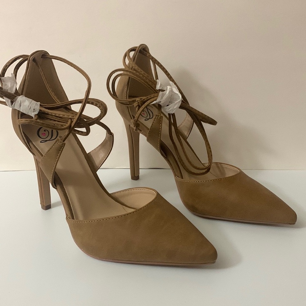 Womens Tan Ankle Stiletto Lace-Up Dress Pumps 7